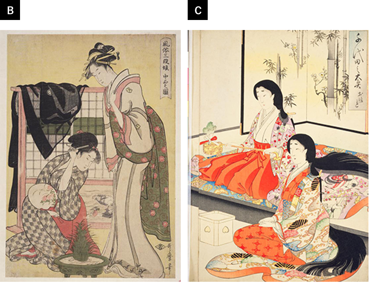 B：喜多川歌麿 三段娘＿中品の図の画像,C：楊洲周延 千代田之大奥 お流れの画像